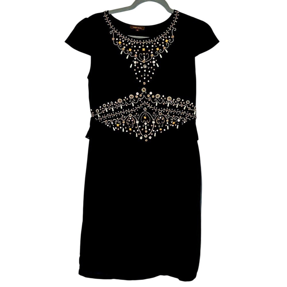 Vineet Bahl Anthropologie Black Cameo Beaded peplum dress 4 sheath sheer regency